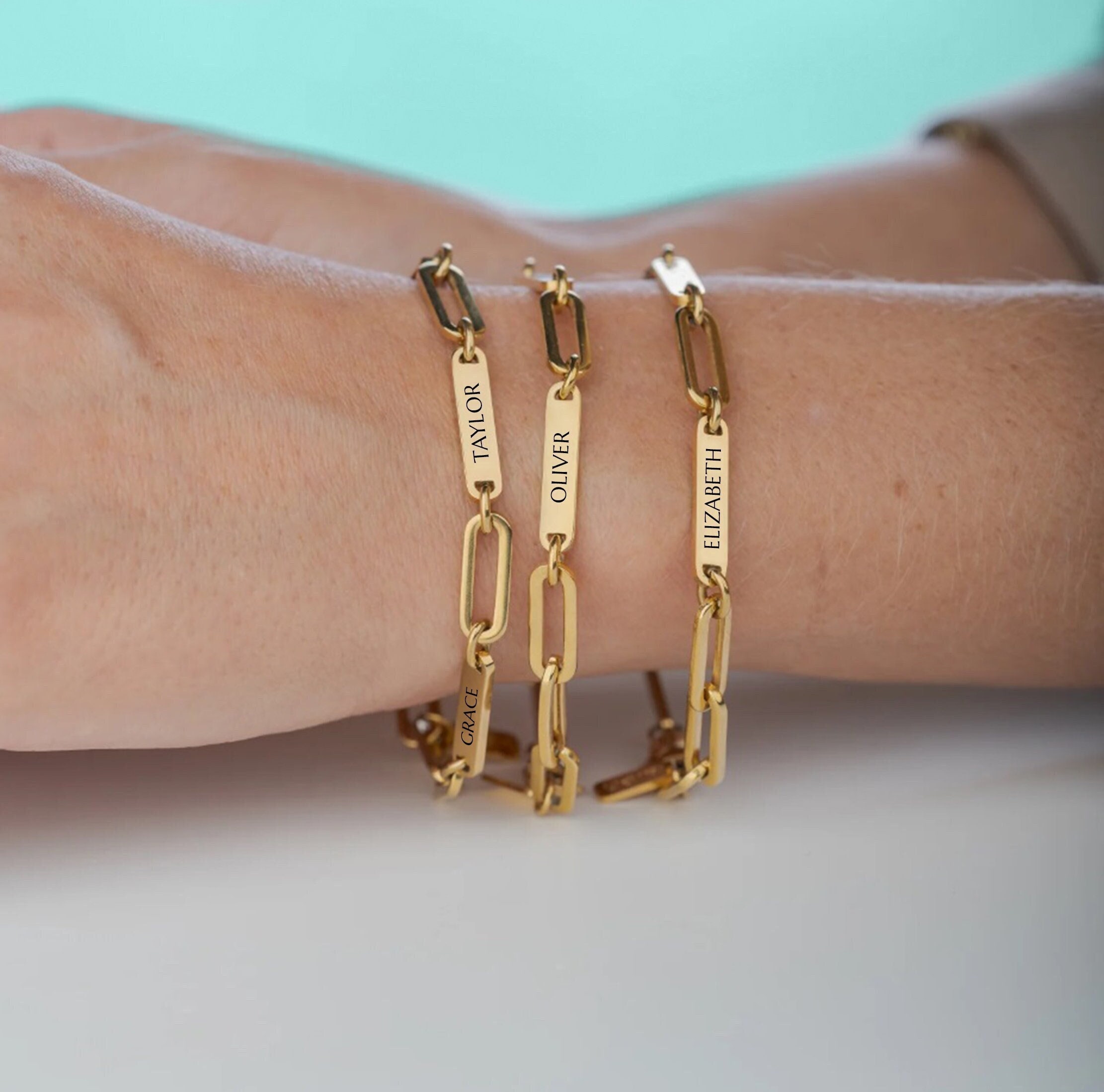 Custom Name Bracelet Stainless Steel Paperclip Chain Personalize Name Strip Bracelet Birthday Gift for Her