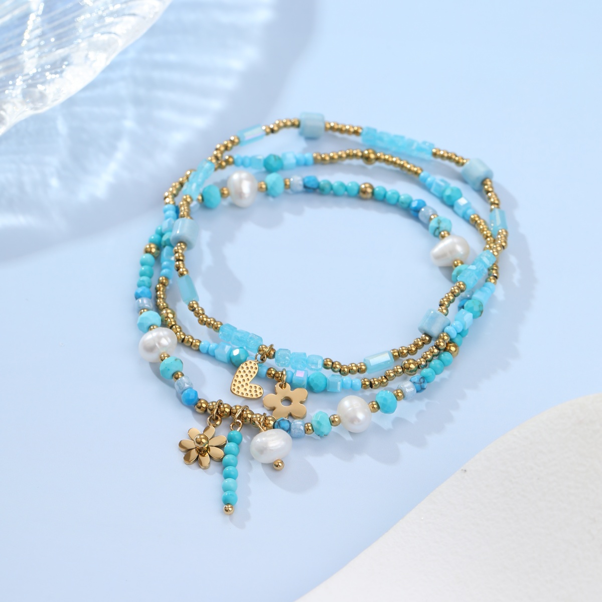 Natural Amazonite  Turquoise Stones Stainless Steel Beaded Bracelet Fresh Water Pearl Flower Bracelet for Girls