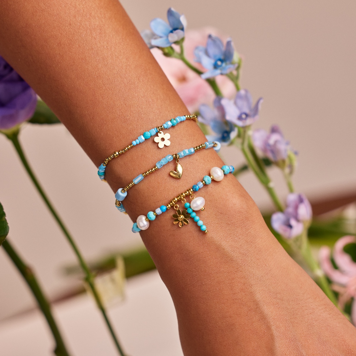 Natural Amazonite  Turquoise Stones Stainless Steel Beaded Bracelet Fresh Water Pearl Flower Bracelet for Girls