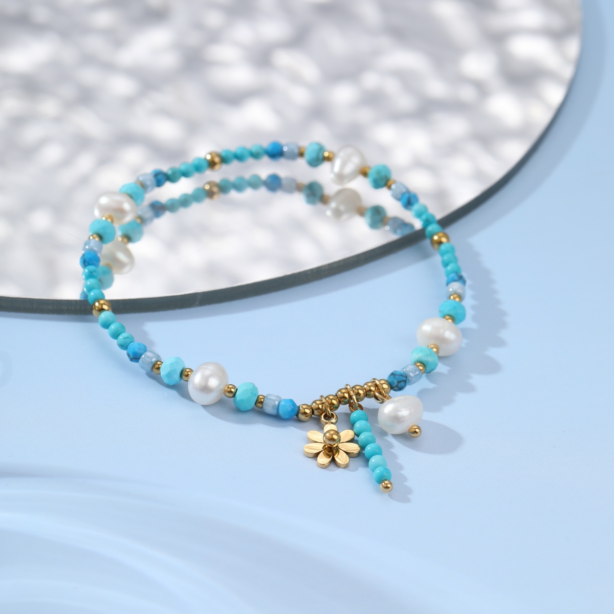 Natural Amazonite  Turquoise Stones Stainless Steel Beaded Bracelet Fresh Water Pearl Flower Bracelet for Girls