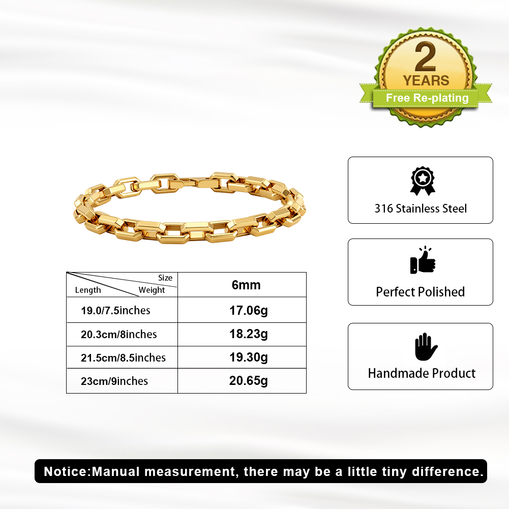 HTNCB05 6mm Rectangular Box Link Chain Bracelet 316 Stainless Steel Polished Wrist Jewelry for Men Women Multiple
