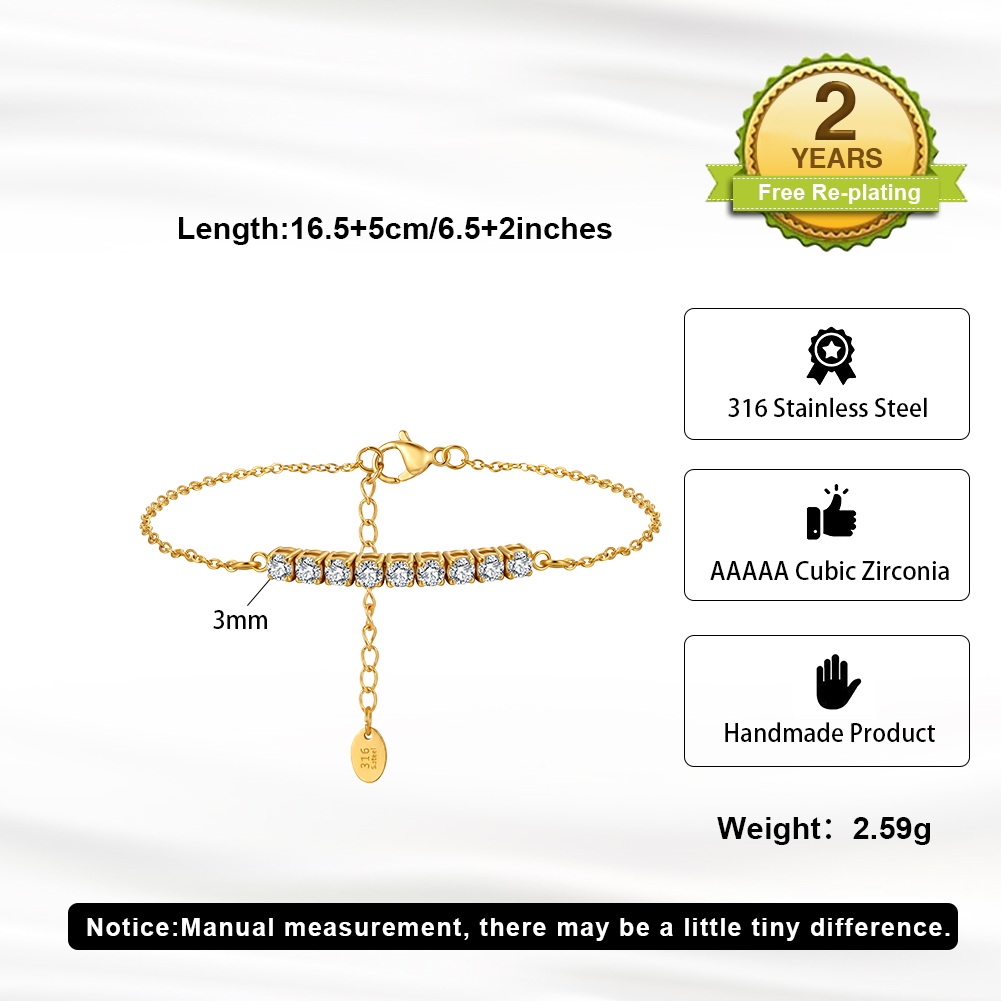 HTKB01 3mm Cubic Zirconia Inlay Handmade Adjustable Extended Chain 316 Stainless Steel Bracelet Wear Polished Bracelet