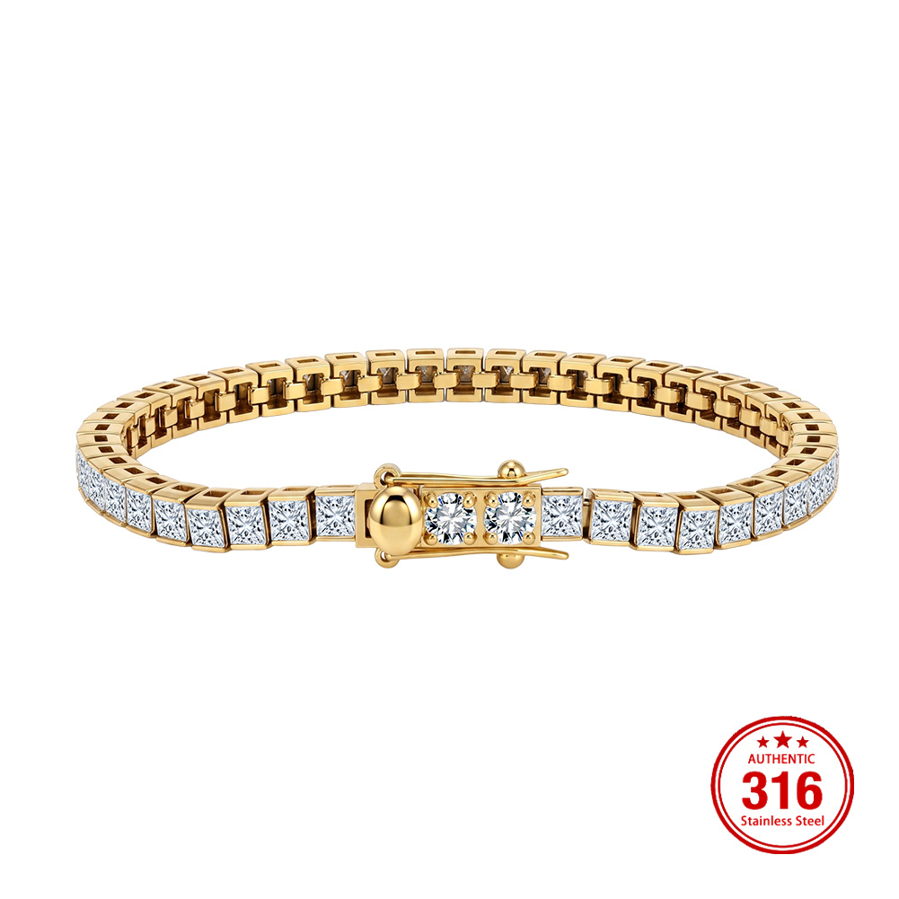 HTCB09 316 Stainless Steel Bracelet Inlaid Bright Cubic Zirconia Sturdy Safety Clasp Multi Size Tennis Bracelet for Women