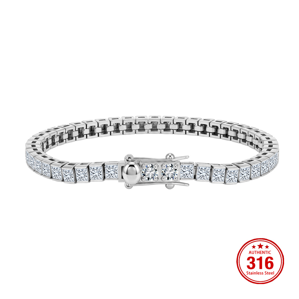 HTCB09 316 Stainless Steel Bracelet Inlaid Bright Cubic Zirconia Sturdy Safety Clasp Multi Size Tennis Bracelet for Women