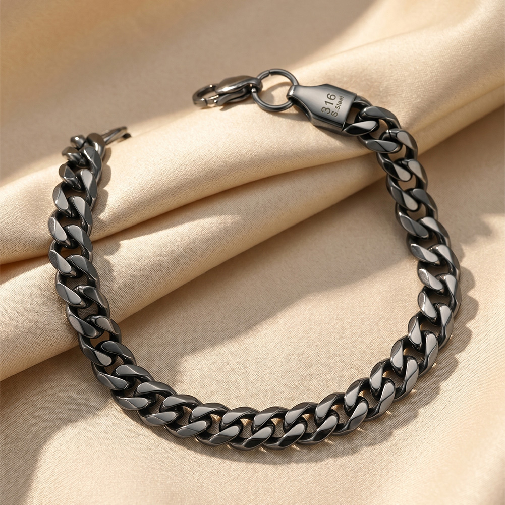 HTNCB02 316 Stainless Steel Bracelet 7mm Cuban Link Chain Handmade Polished Hypoallergenic Waterproof Men Bracelet