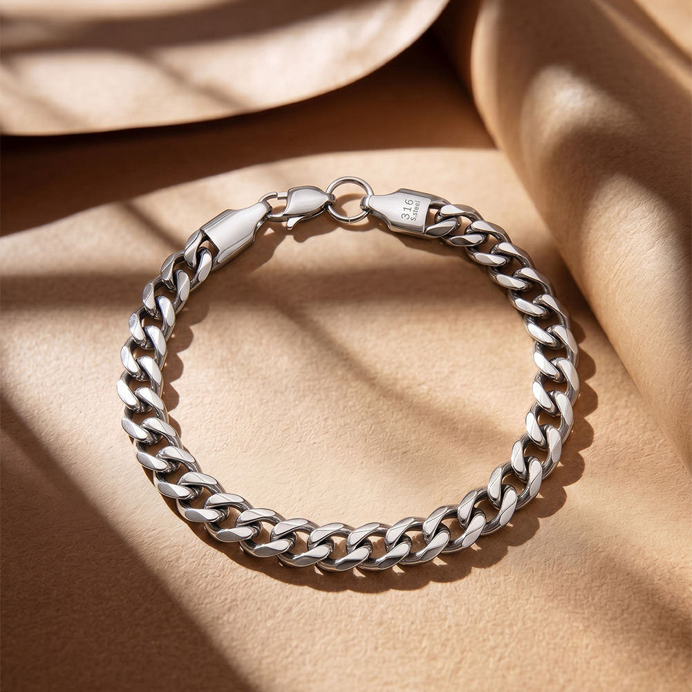 HTNCB02 316 Stainless Steel Bracelet 7mm Cuban Link Chain Handmade Polished Hypoallergenic Waterproof Men Bracelet
