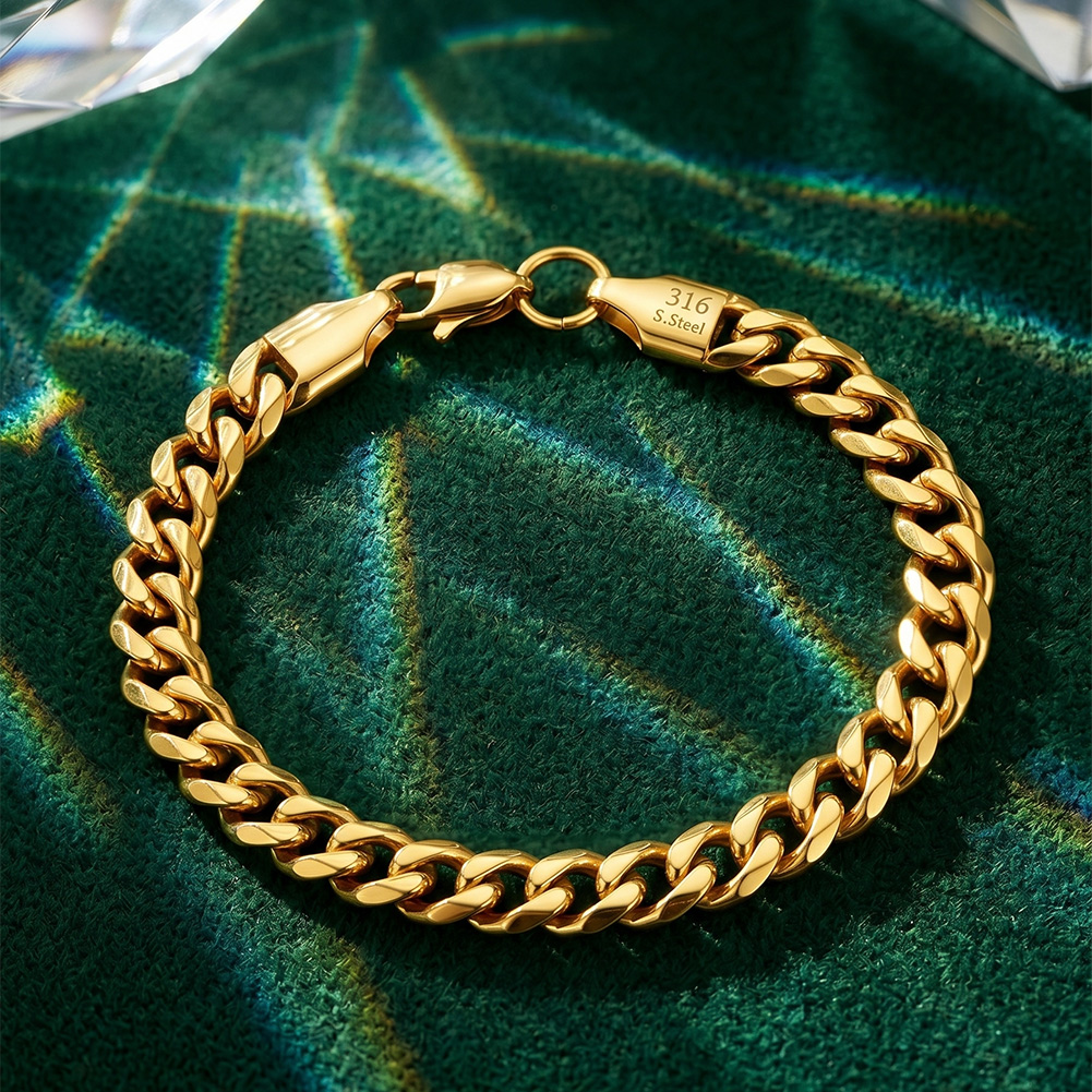 HTNCB02 316 Stainless Steel Bracelet 7mm Cuban Link Chain Handmade Polished Hypoallergenic Waterproof Men Bracelet