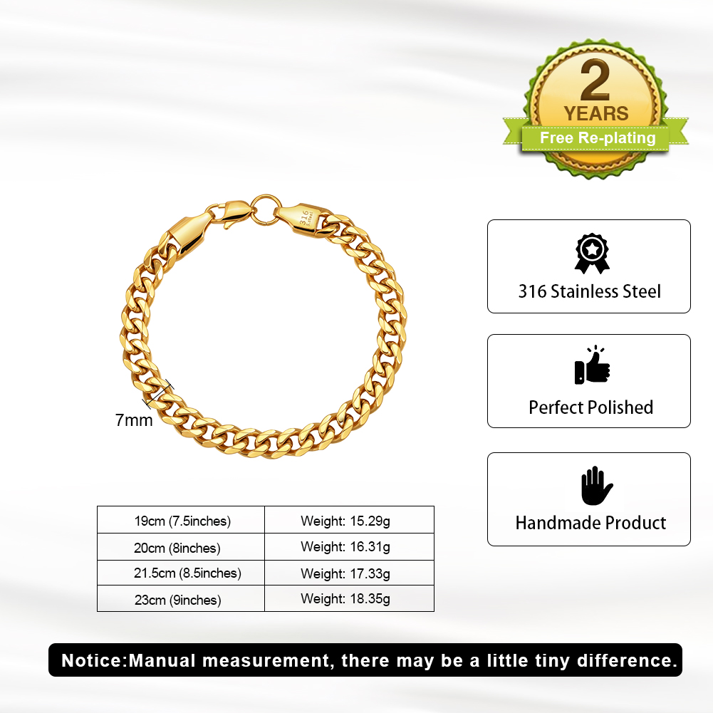 HTNCB02 316 Stainless Steel Bracelet 7mm Cuban Link Chain Handmade Polished Hypoallergenic Waterproof Men Bracelet