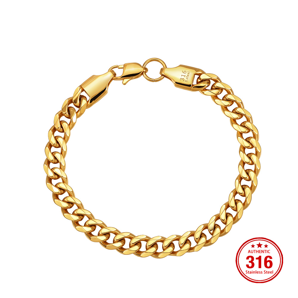HTNCB02 316 Stainless Steel Bracelet 7mm Cuban Link Chain Handmade Polished Hypoallergenic Waterproof Men Bracelet