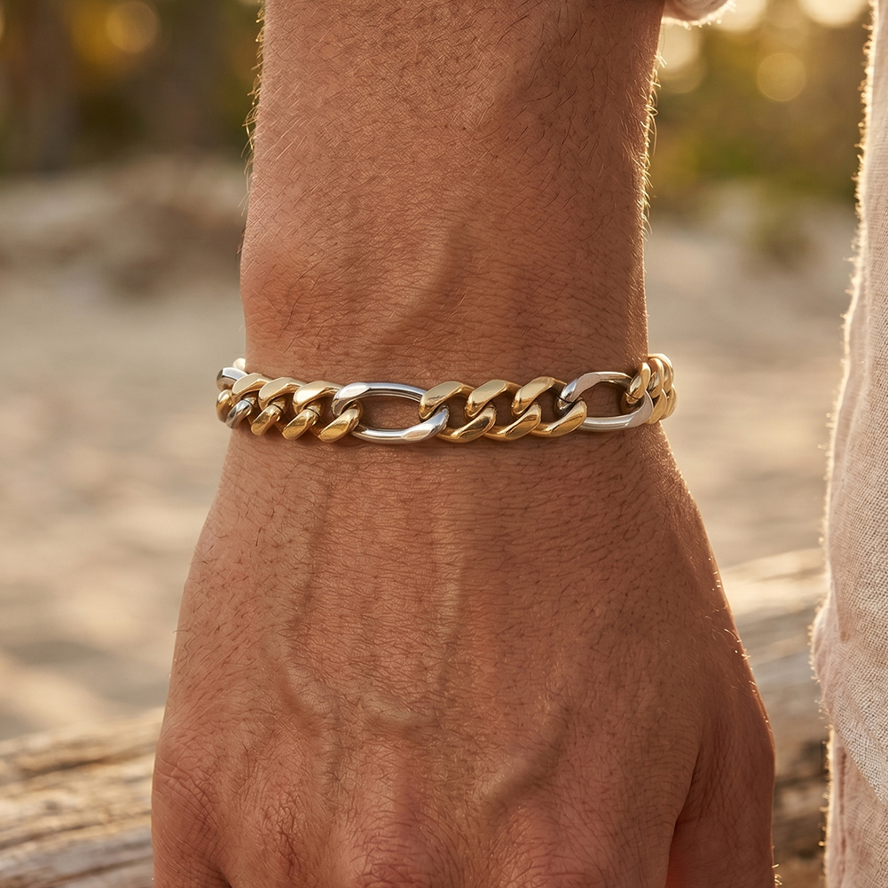 HTNCB01 8mm Two Tone Cuban Link 316 Stainless Steel Bracelet Handmade Perfect Polished Multiple Sizes Men Bracelet