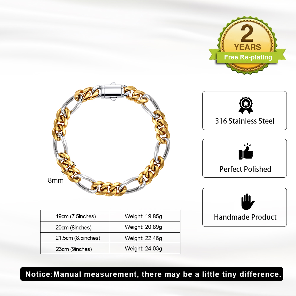 HTNCB01 8mm Two Tone Cuban Link 316 Stainless Steel Bracelet Handmade Perfect Polished Multiple Sizes Men Bracelet