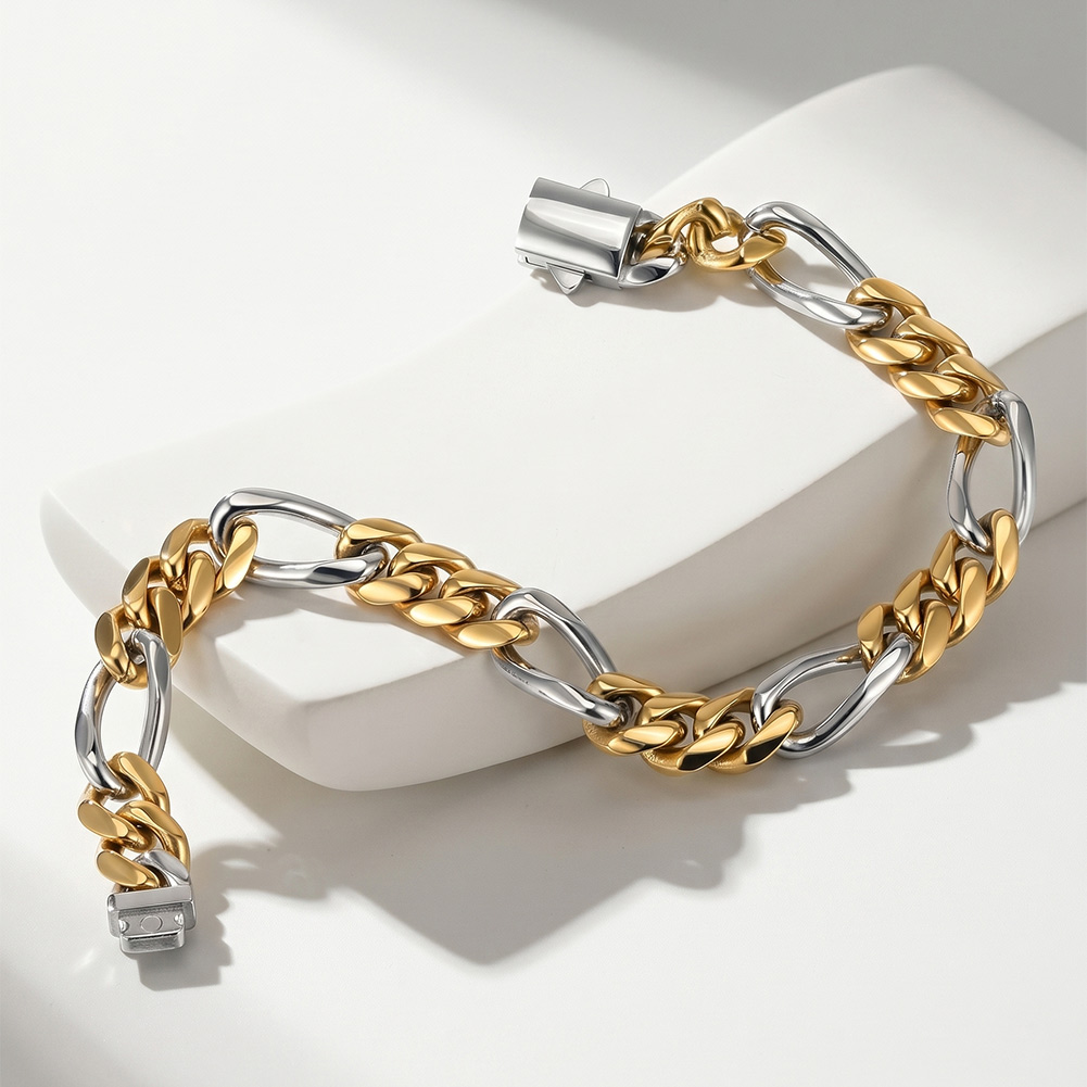 HTNCB01 8mm Two Tone Cuban Link 316 Stainless Steel Bracelet Handmade Perfect Polished Multiple Sizes Men Bracelet