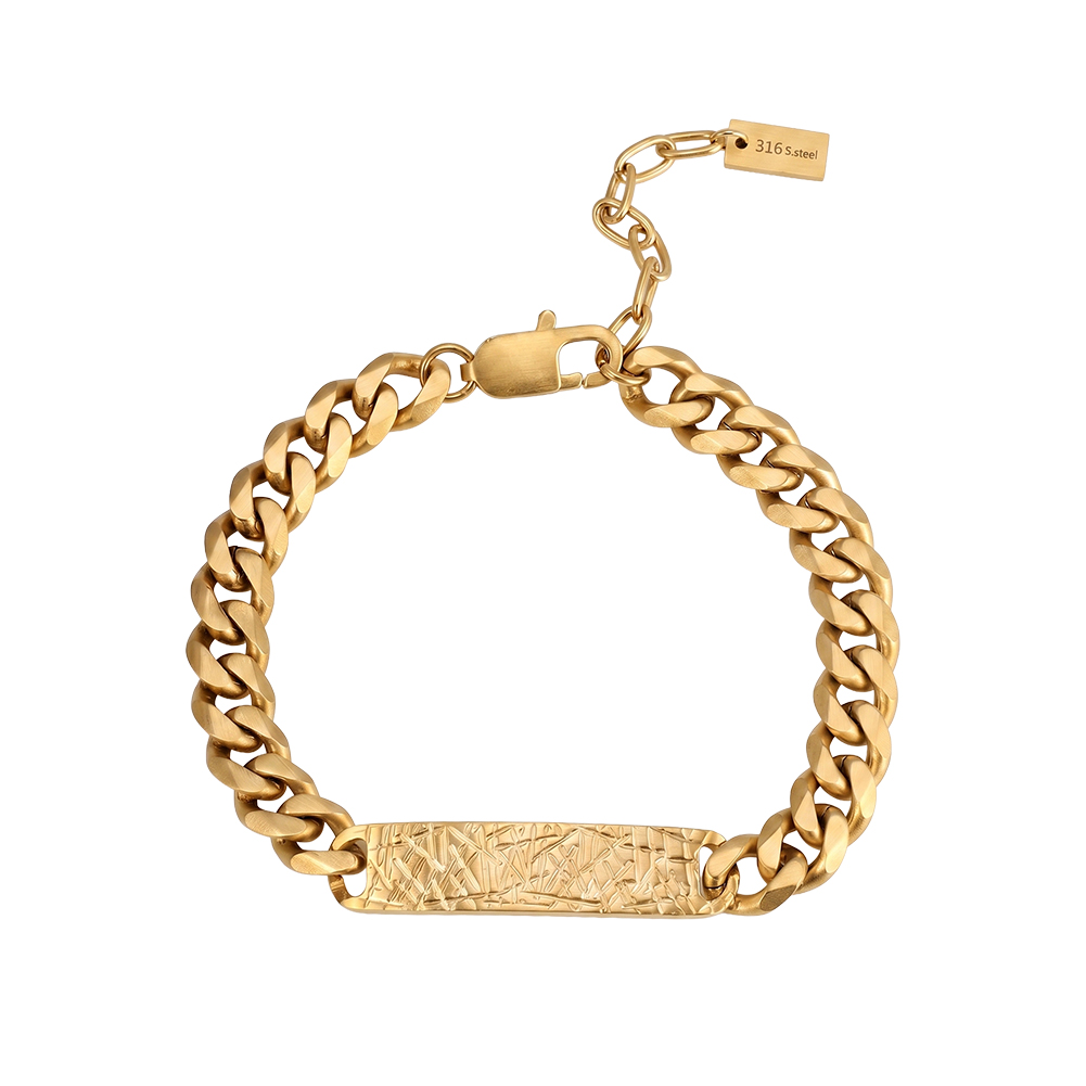 Textured Bar Curb Chain Bracelet 316 Stainless Steel Gold Tone Brushed Finish Adjustable Chain Women Bracelets