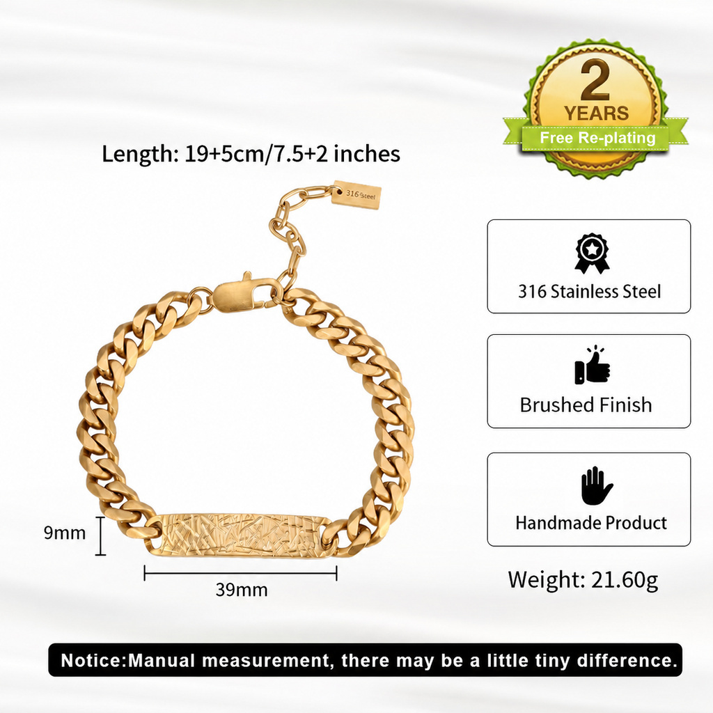 Textured Bar Curb Chain Bracelet 316 Stainless Steel Gold Tone Brushed Finish Adjustable Chain Women Bracelets