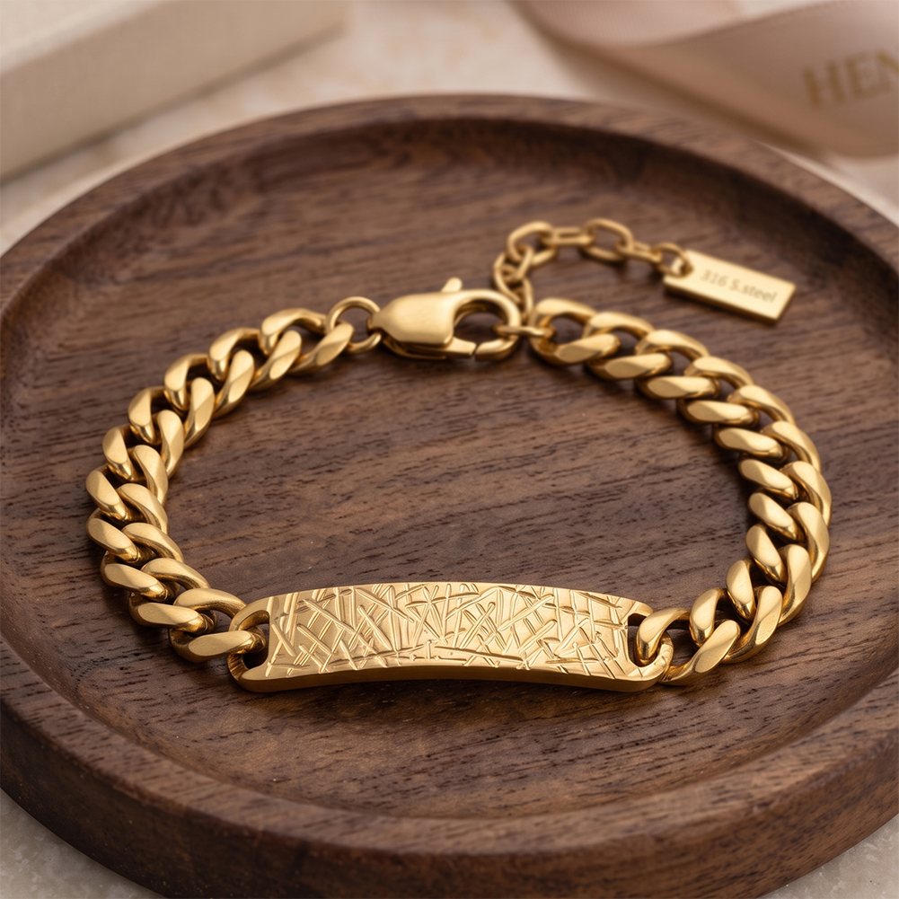 Textured Bar Curb Chain Bracelet 316 Stainless Steel Gold Tone Brushed Finish Adjustable Chain Women Bracelets