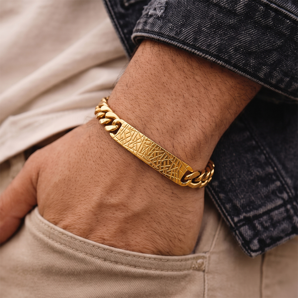 Textured Bar Curb Chain Bracelet 316 Stainless Steel Gold Tone Brushed Finish Adjustable Chain Women Bracelets