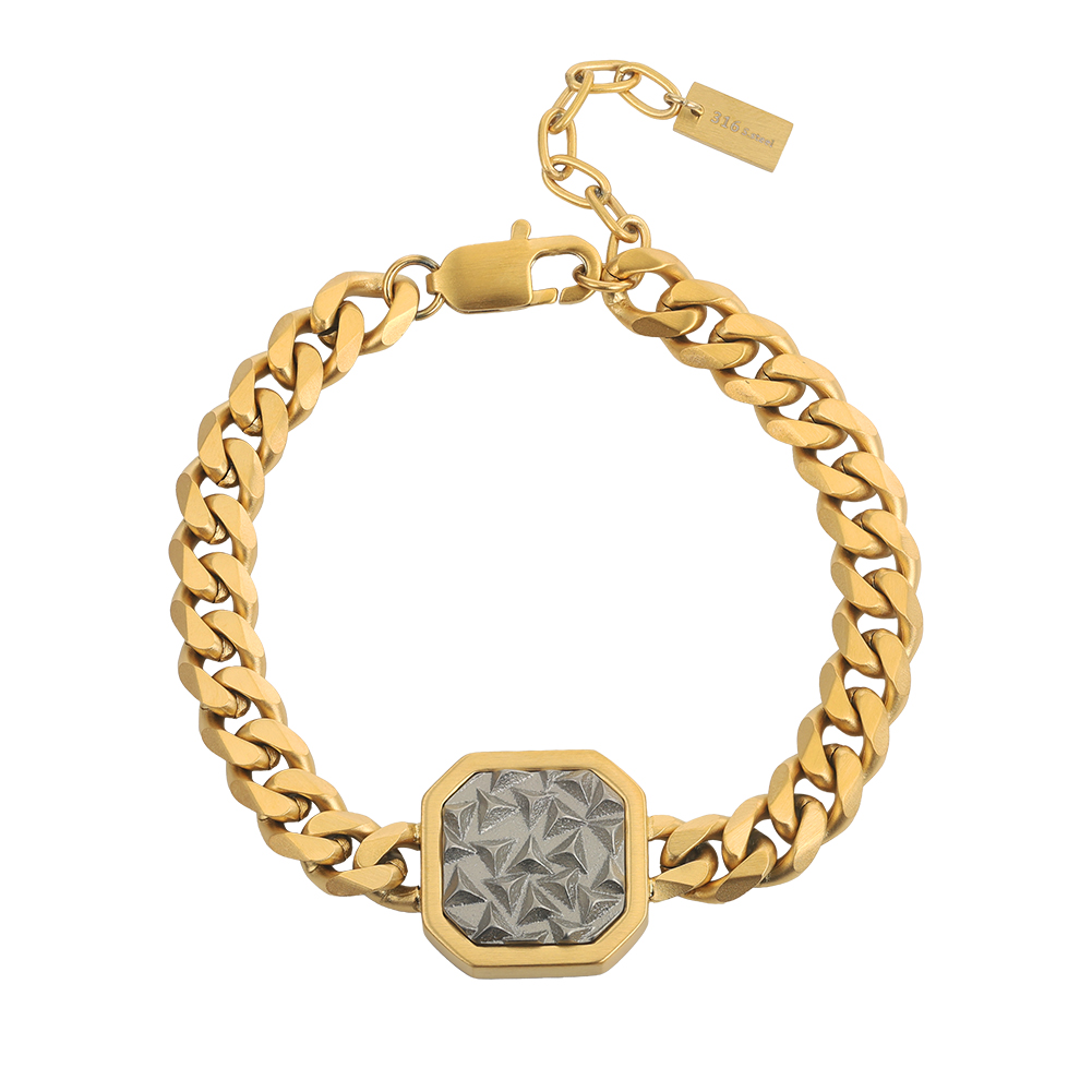 Octagonal Textured Curb Chain Bracelet 316 Stainless Steel Gold Tone Brushed Finish Adjustable Chain Women Bracelets