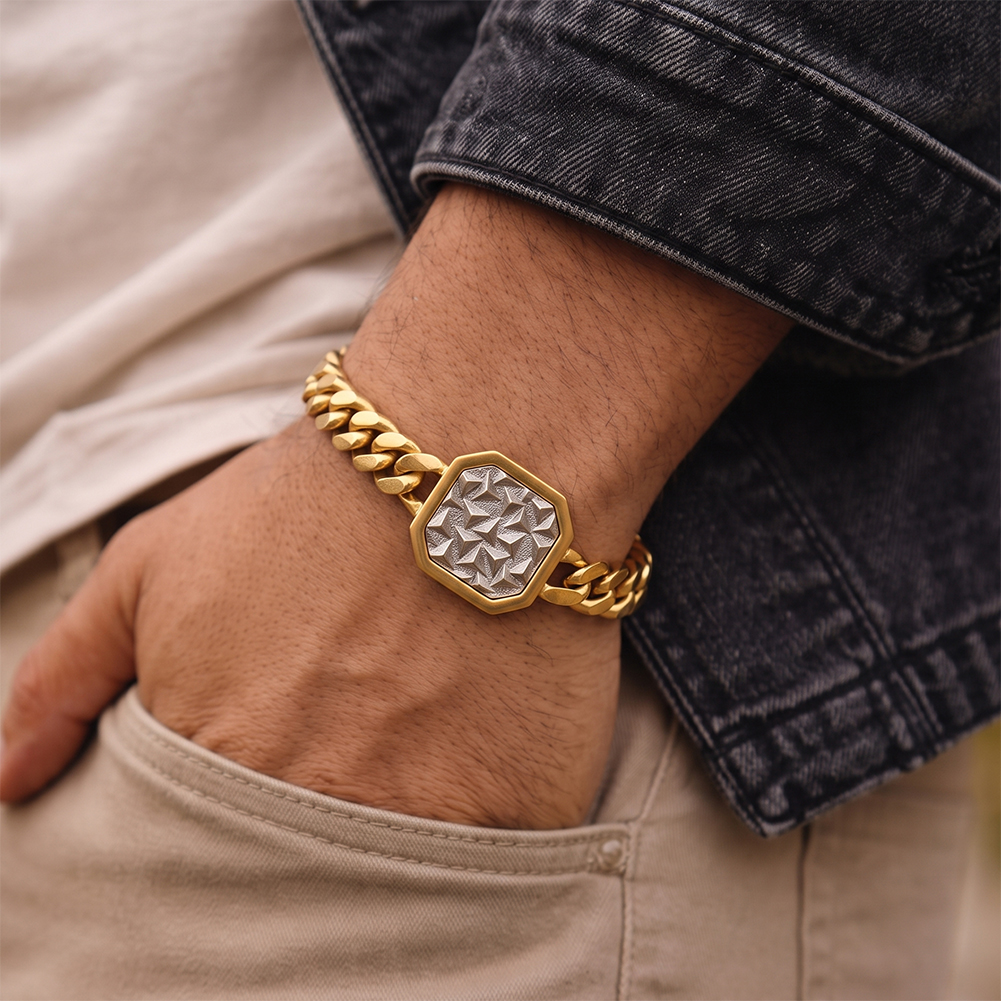 Octagonal Textured Curb Chain Bracelet 316 Stainless Steel Gold Tone Brushed Finish Adjustable Chain Women Bracelets