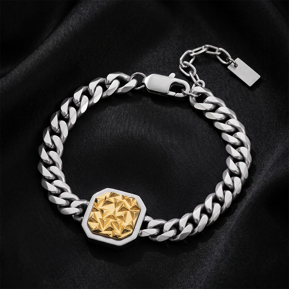 Octagonal Textured Curb Chain Bracelet 316 Stainless Steel Gold Tone Brushed Finish Adjustable Chain Women Bracelets