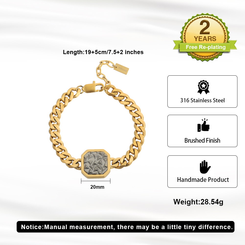 Octagonal Textured Curb Chain Bracelet 316 Stainless Steel Gold Tone Brushed Finish Adjustable Chain Women Bracelets