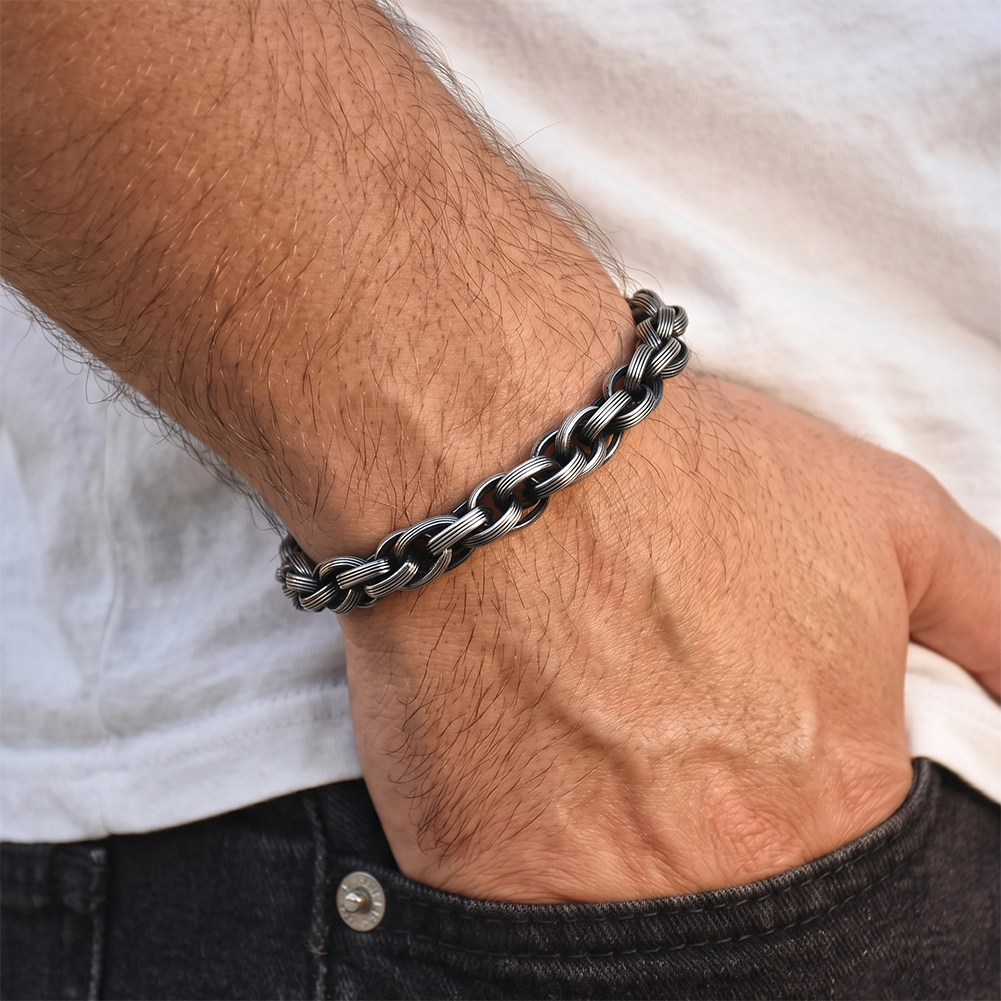 Polished Chunky Twisted 316 Stainless Steel Gold Black Silver Men Bracelet for Trendy Daily Street Outfit Wearing