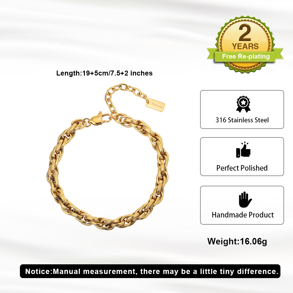 Polished Chunky Twisted 316 Stainless Steel Gold Black Silver Men Bracelet for Trendy Daily Street Outfit Wearing