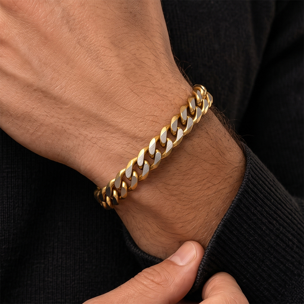 Two Tone Brushed Cuban 316 Stainless Steel Gold Tone Men Bracelet for Versatile Street Daily Outfit Comfort Wearing