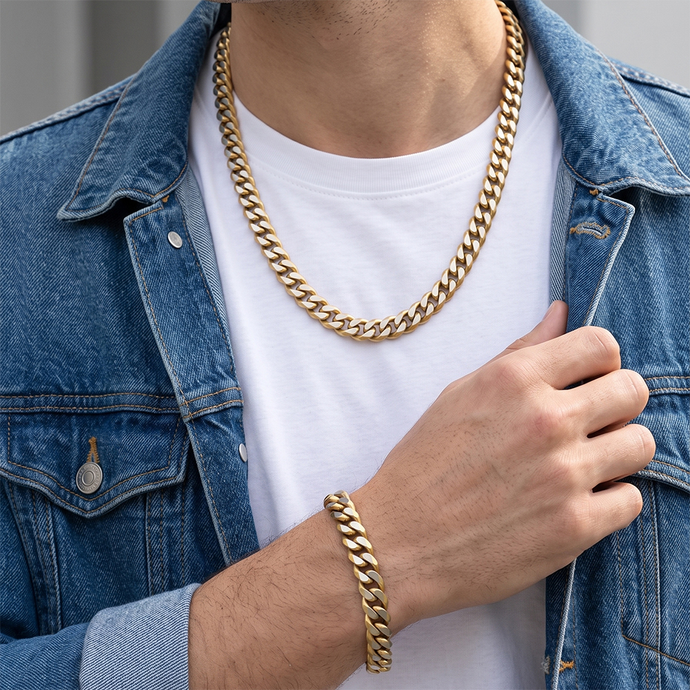 Two Tone Brushed Cuban 316 Stainless Steel Gold Tone Men Bracelet for Versatile Street Daily Outfit Comfort Wearing