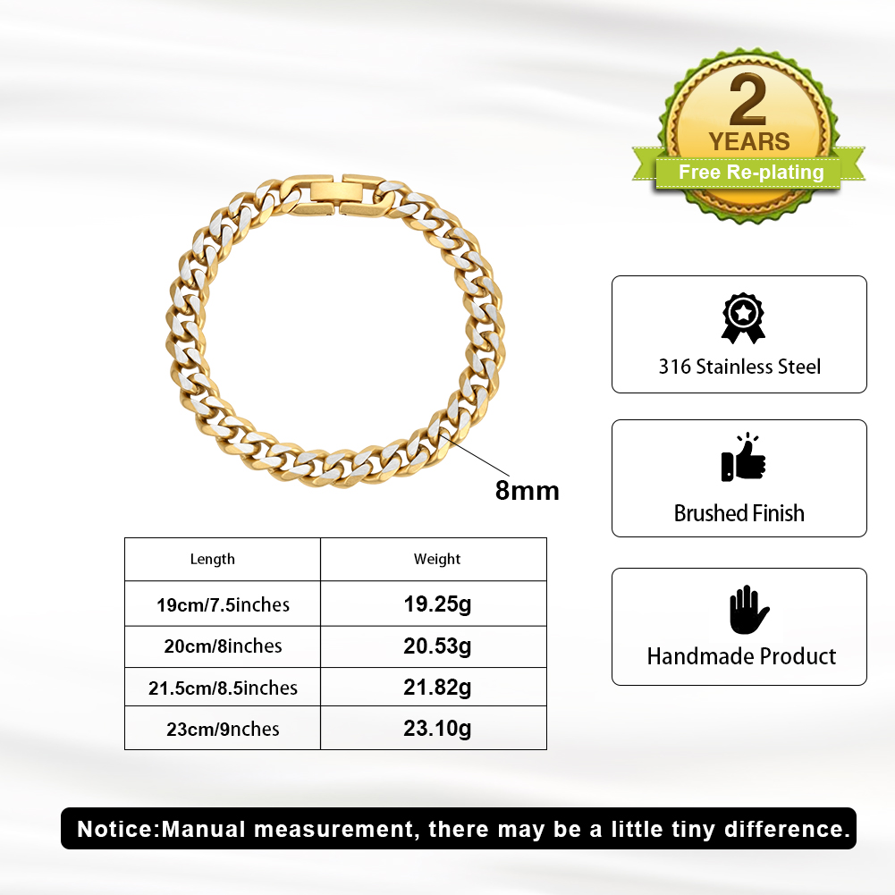 Two Tone Brushed Cuban 316 Stainless Steel Gold Tone Men Bracelet for Versatile Street Daily Outfit Comfort Wearing