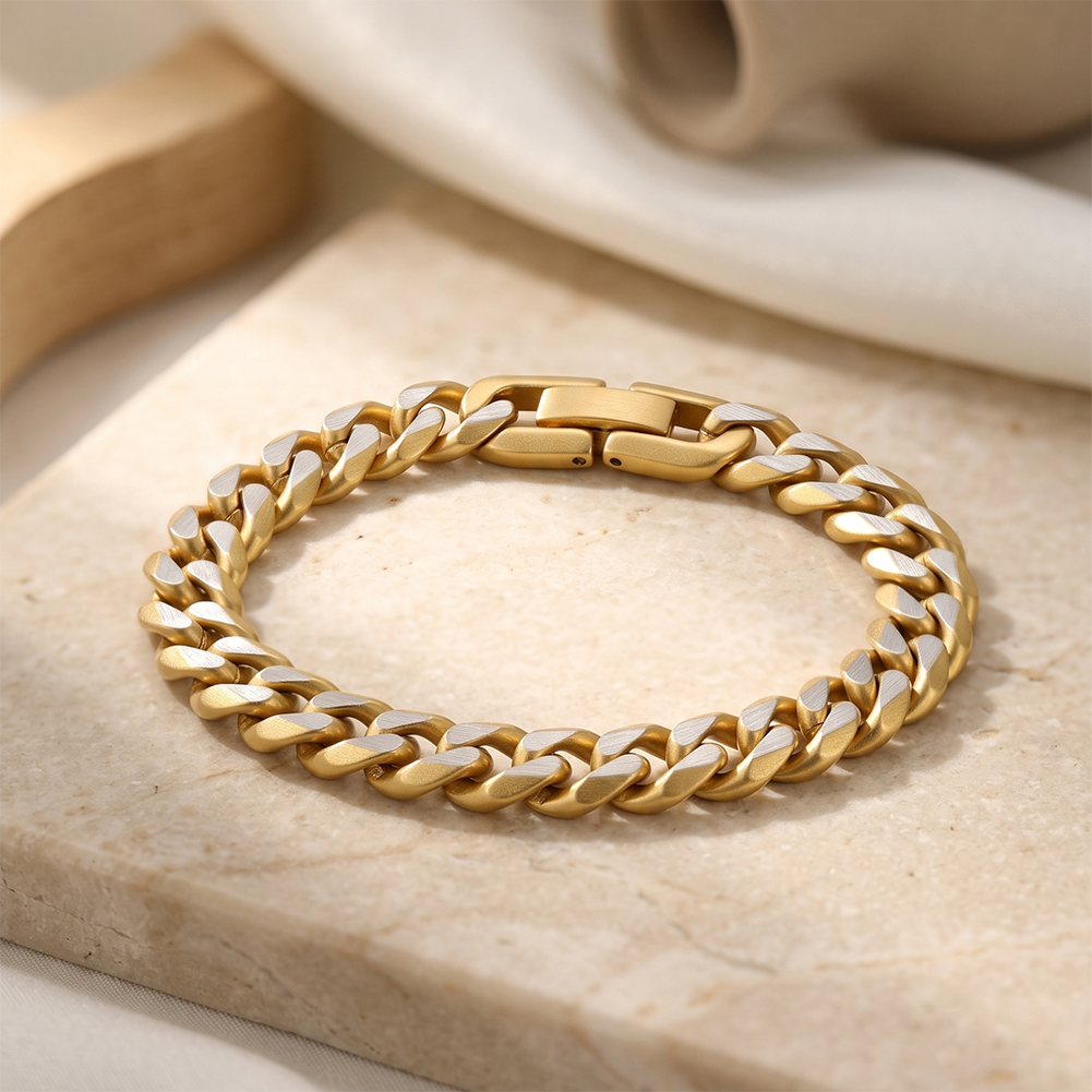 Two Tone Brushed Cuban 316 Stainless Steel Gold Tone Men Bracelet for Versatile Street Daily Outfit Comfort Wearing