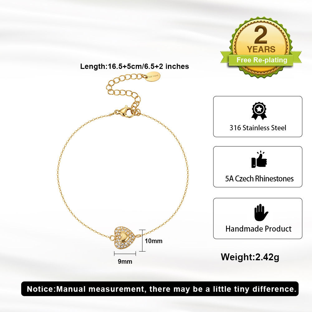 Sparkling Pave Heart Rhinestone 316 Stainless Steel Gold Tone Women Bracelet for Soft Daily Styling Lovely Romantic Aesthetic