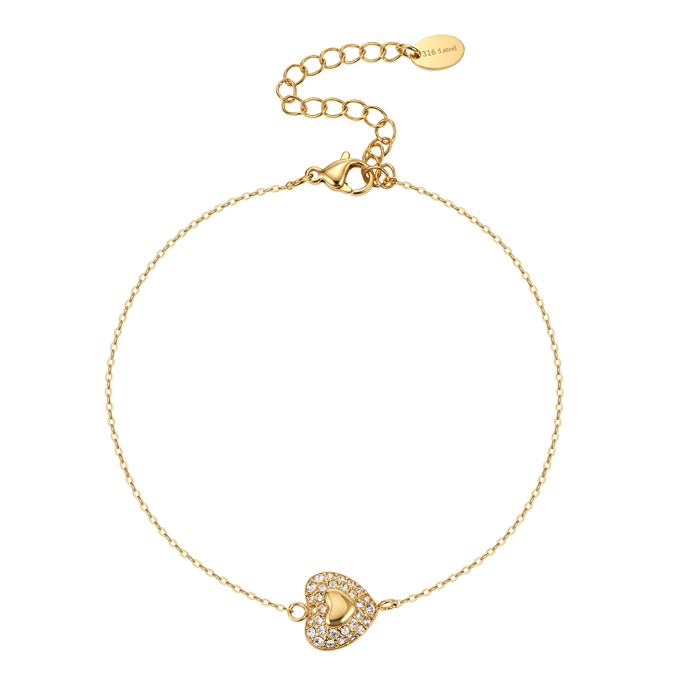Sparkling Pave Heart Rhinestone 316 Stainless Steel Gold Tone Women Bracelet for Soft Daily Styling Lovely Romantic Aesthetic