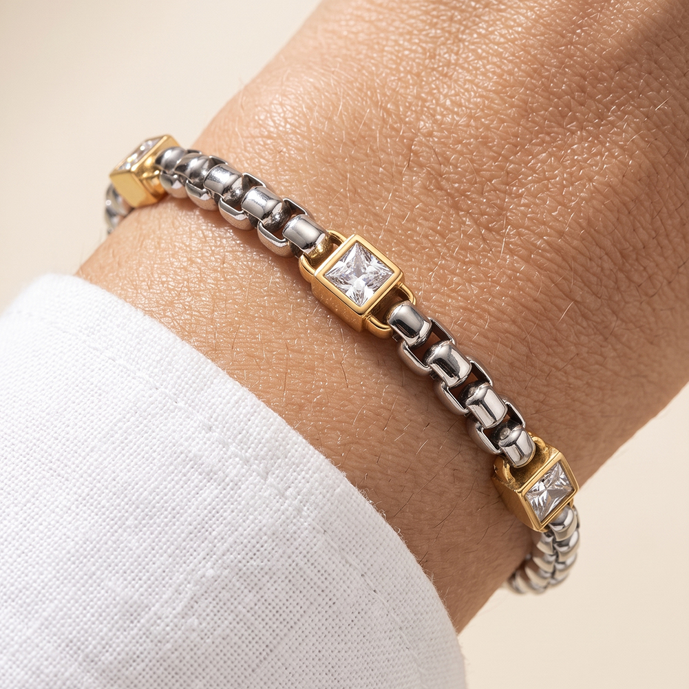 Two Tone Square Zircon 316 Stainless Steel Men Charm Bracelet for Edgy Daily Styling With Bold Modern Statement