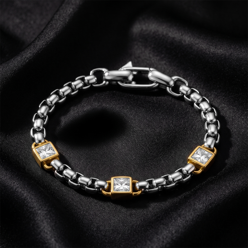 Two Tone Square Zircon 316 Stainless Steel Men Charm Bracelet for Edgy Daily Styling With Bold Modern Statement