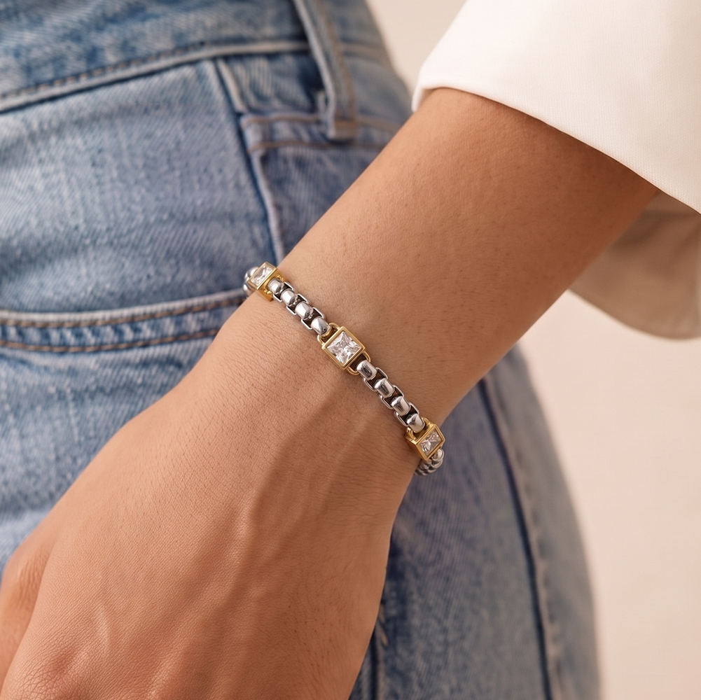 Two Tone Square Zircon 316 Stainless Steel Men Charm Bracelet for Edgy Daily Styling With Bold Modern Statement