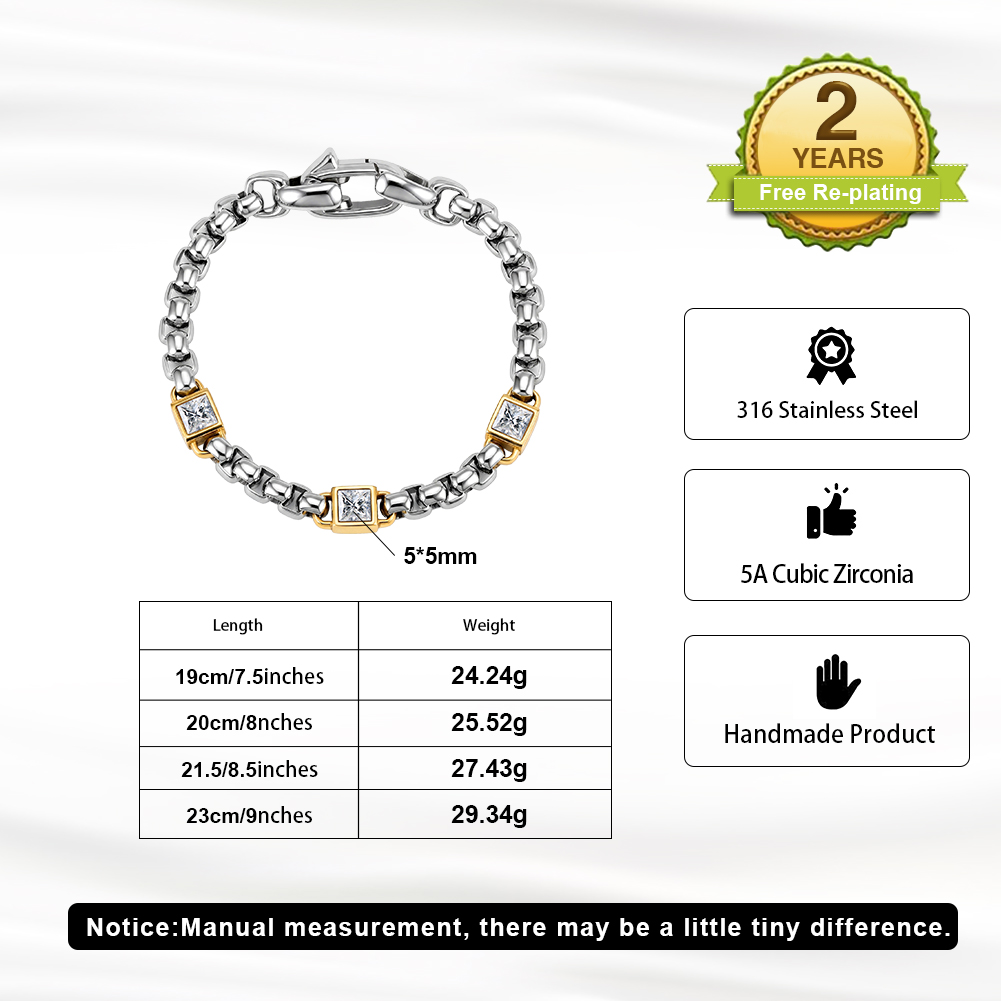 Two Tone Square Zircon 316 Stainless Steel Men Charm Bracelet for Edgy Daily Styling With Bold Modern Statement