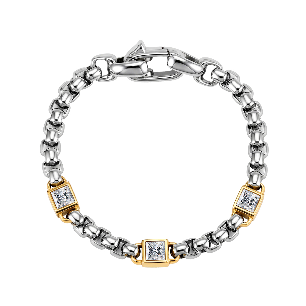 Two Tone Square Zircon 316 Stainless Steel Men Charm Bracelet for Edgy Daily Styling With Bold Modern Statement