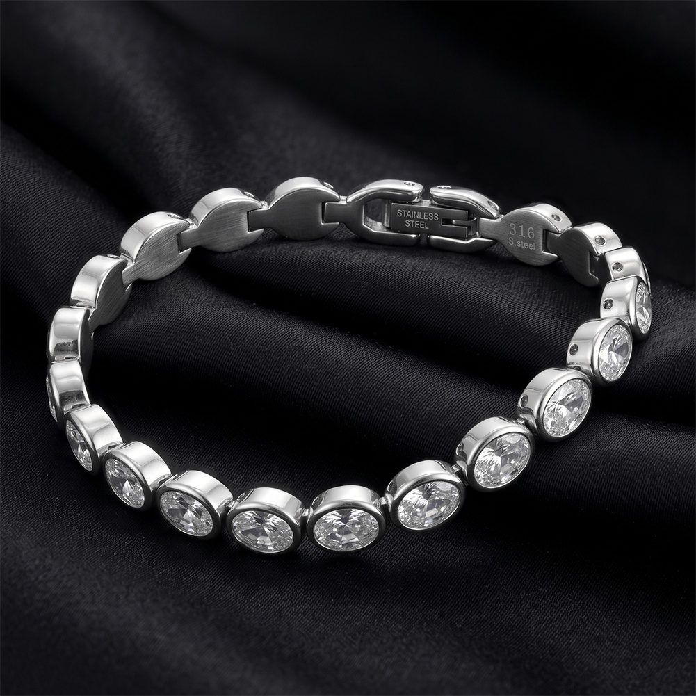 Round Bezel Set Zircon 316 Stainless Steel Gold Tone Women Bracelet for Chic Daily Styling With Uniform Delicate Sparkle