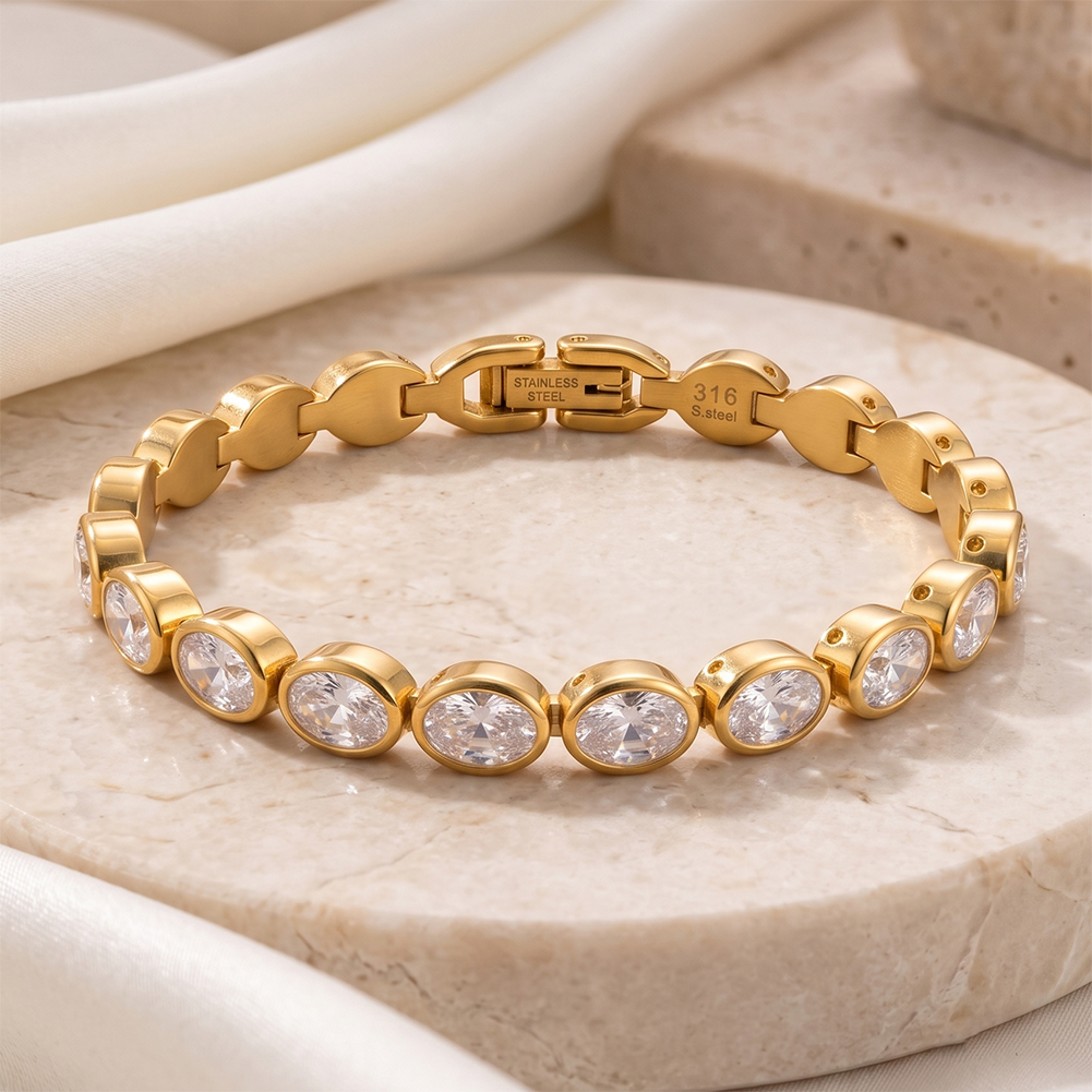 Round Bezel Set Zircon 316 Stainless Steel Gold Tone Women Bracelet for Chic Daily Styling With Uniform Delicate Sparkle