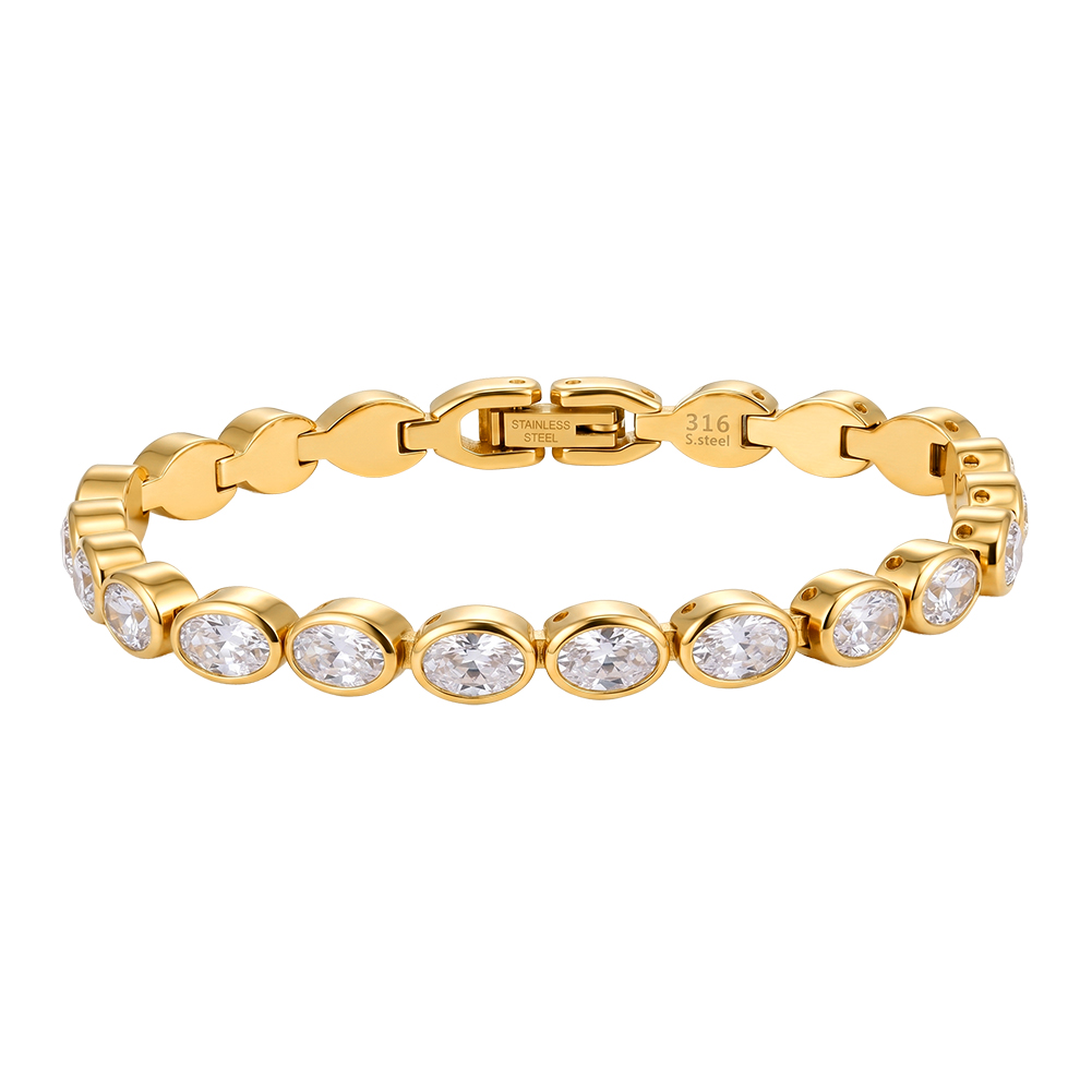 Round Bezel Set Zircon 316 Stainless Steel Gold Tone Women Bracelet for Chic Daily Styling With Uniform Delicate Sparkle