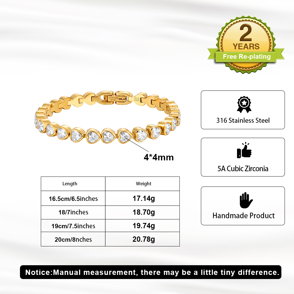 Heart Bezel Set Zircon 316 Stainless Steel Gold Tone Women Bracelet for Sweet Daily Styling With Uniform Lovely Sparkle