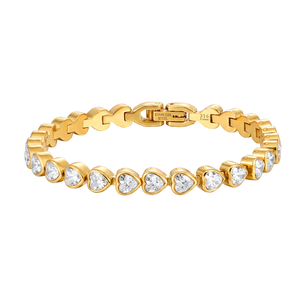 Heart Bezel Set Zircon 316 Stainless Steel Gold Tone Women Bracelet for Sweet Daily Styling With Uniform Lovely Sparkle