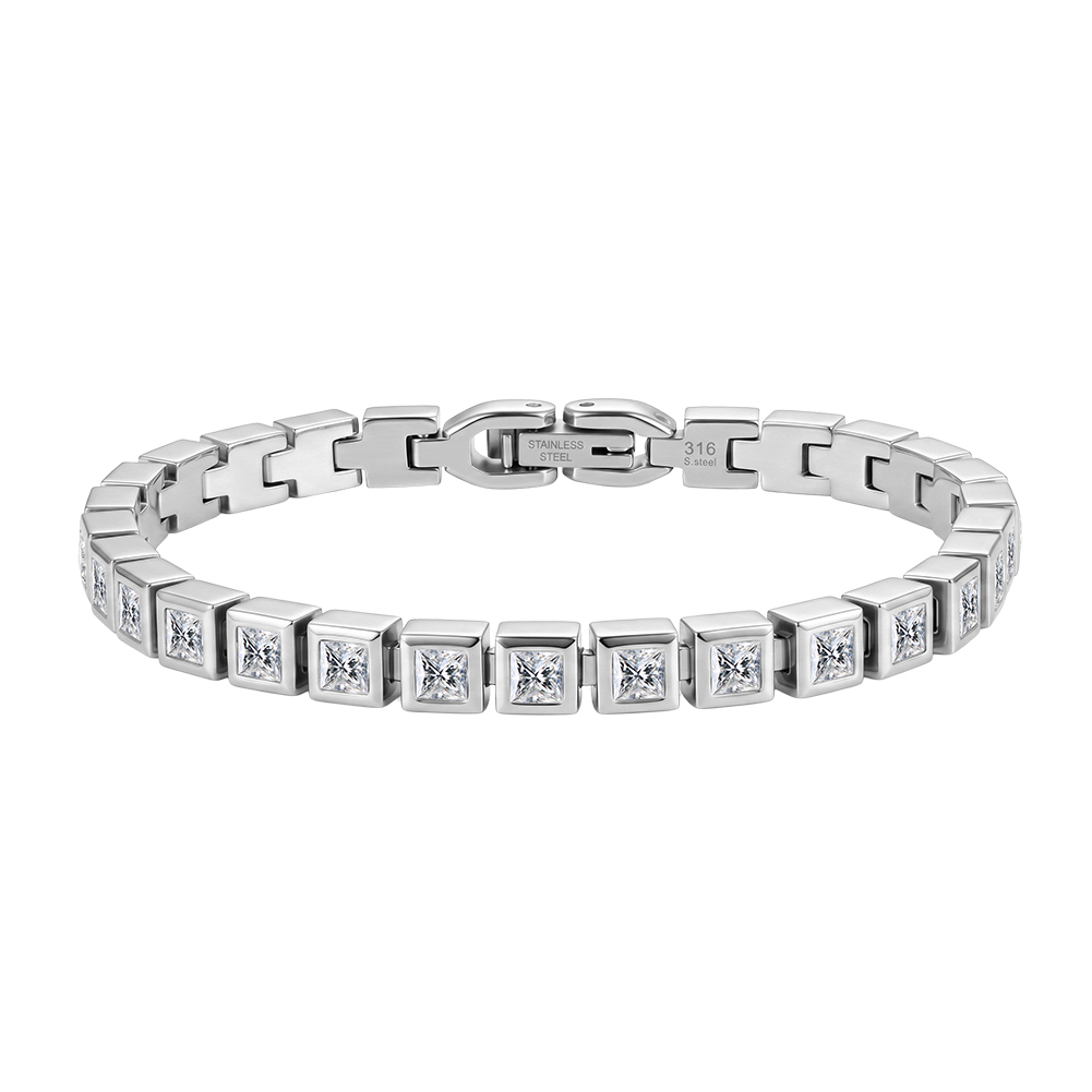 Square Bezel Zircon Link 316 Stainless Steel Gold Tone Women Bracelet for Modern Daily Styling With Neat Delicate Sparkle
