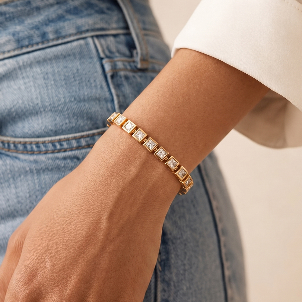 Square Bezel Zircon Link 316 Stainless Steel Gold Tone Women Bracelet for Modern Daily Styling With Neat Delicate Sparkle