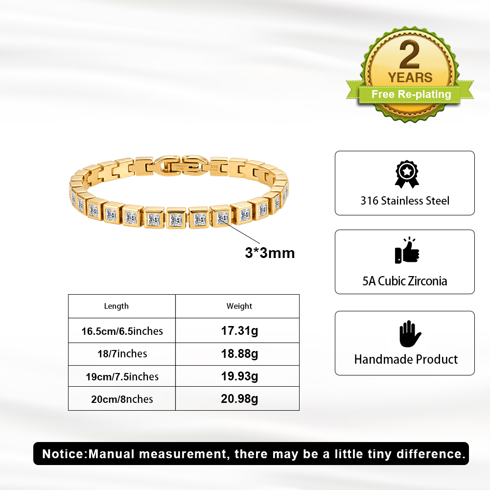 Square Bezel Zircon Link 316 Stainless Steel Gold Tone Women Bracelet for Modern Daily Styling With Neat Delicate Sparkle