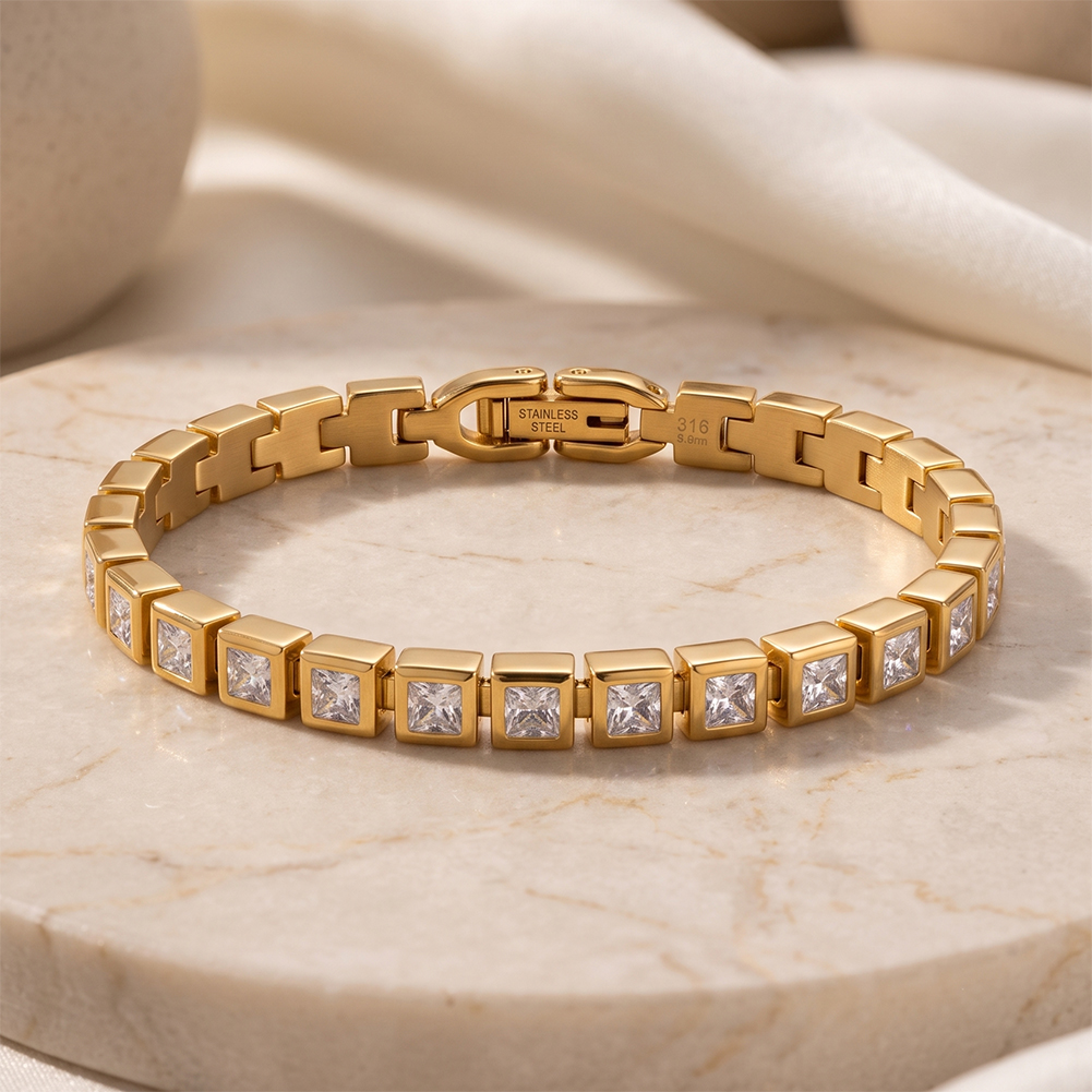 Square Bezel Zircon Link 316 Stainless Steel Gold Tone Women Bracelet for Modern Daily Styling With Neat Delicate Sparkle