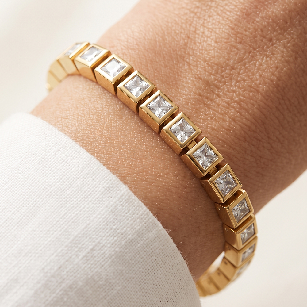 Square Bezel Zircon Link 316 Stainless Steel Gold Tone Women Bracelet for Modern Daily Styling With Neat Delicate Sparkle