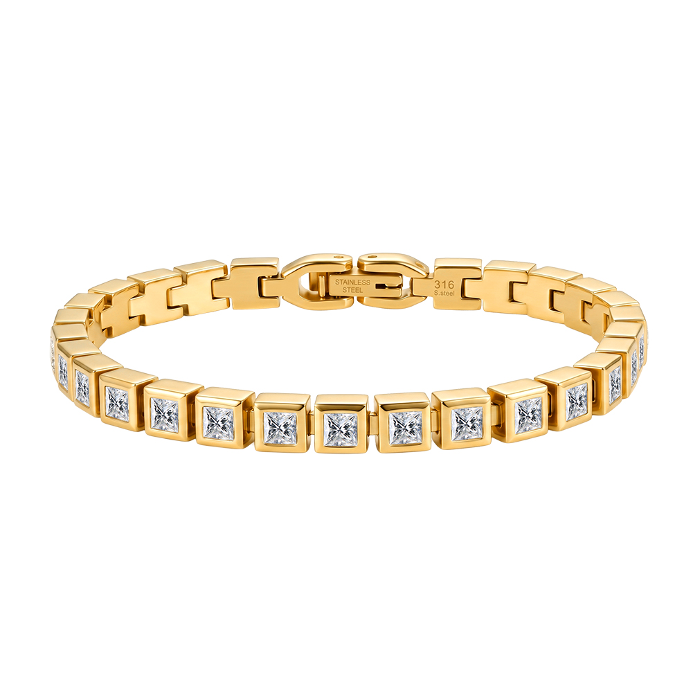 Square Bezel Zircon Link 316 Stainless Steel Gold Tone Women Bracelet for Modern Daily Styling With Neat Delicate Sparkle
