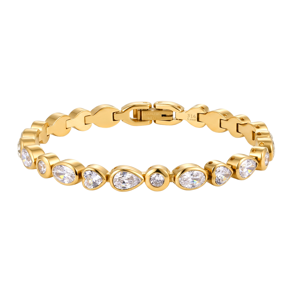 Square Bezel Zircon Link 316 Stainless Steel Gold Tone Women Bracelet for Modern Daily Styling With Neat Delicate Sparkle