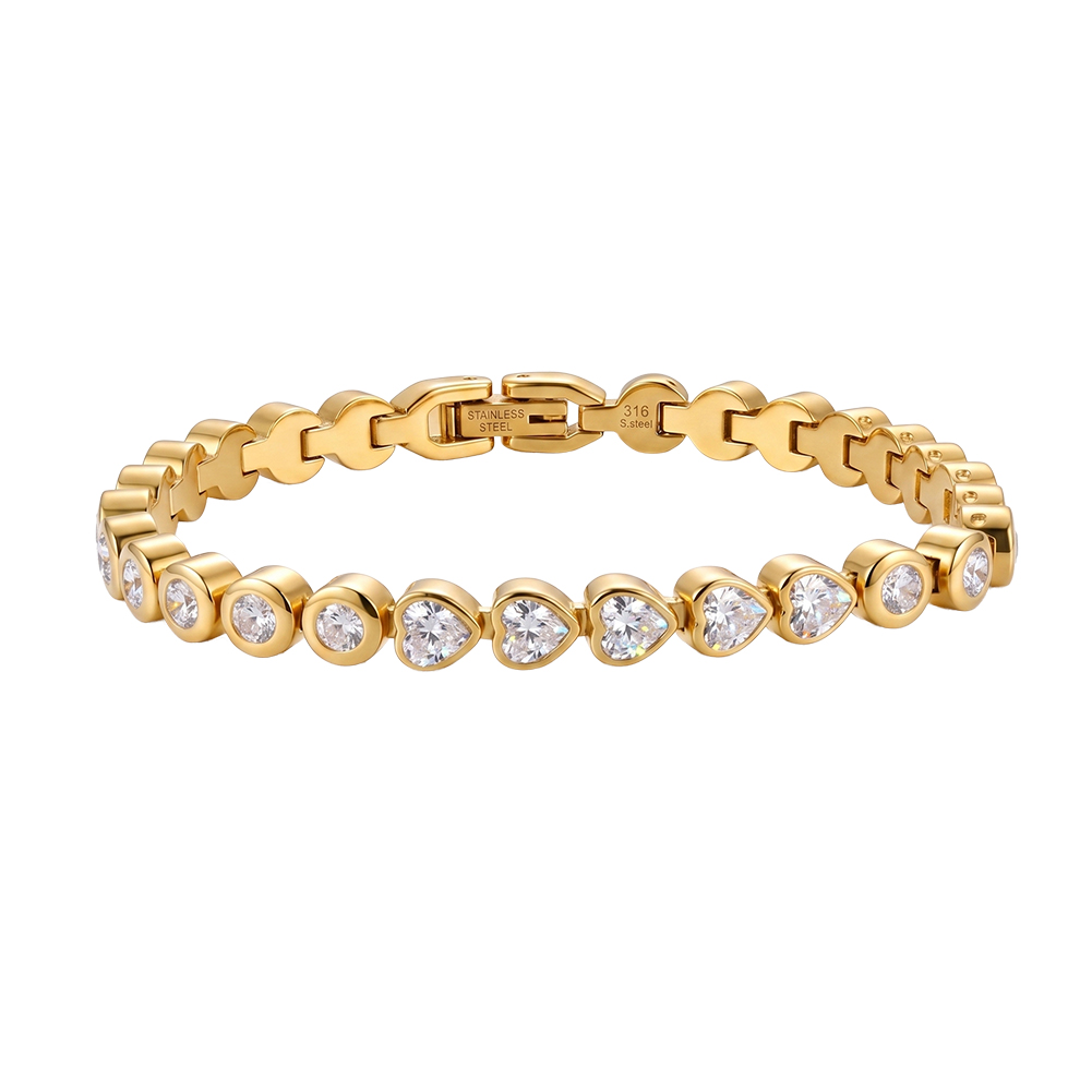 Mixed Round Heart Zircon 316 Stainless Steel Gold Tone Women Bracelet for Lovely Daily Styling With Alternating Sparkle